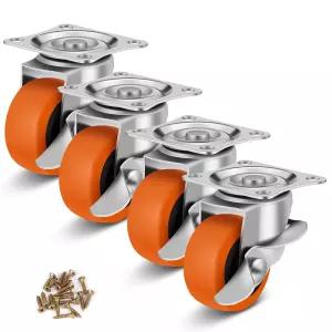 BOSGEOT 2 캐스터 휠 세트 4개 브레이크 포함 헤비 듀티 폴리우레탄 잠금 소형 플레이트 회전 및 가구 카트