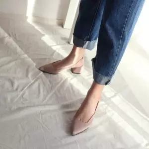 제작 뾰족코 스틸레토 슬링백 스트랩 통굽 미들힐Y