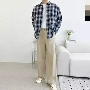 ACC SF천M 남자 사계절 반밴딩 면바지 세미와이드 코튼 핀턱 팬츠