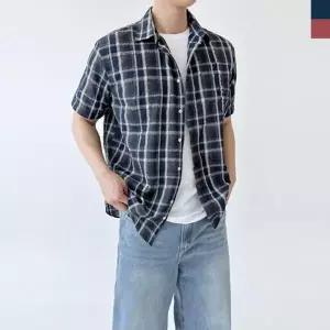 ACC SS1024M 남자 린넨 오버핏 여름 체크 반팔 남방 셔츠