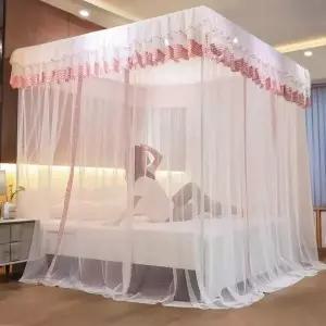 체크 커튼형 침대 모기장 150x200cm 핑크