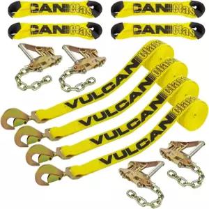 스트랩 끝에 스냅 훅 래칫 체인 테일이 있는 벌칸 8점 롤백 차량 타이 다운 키트 - 4종 세트 클래식 옐로우