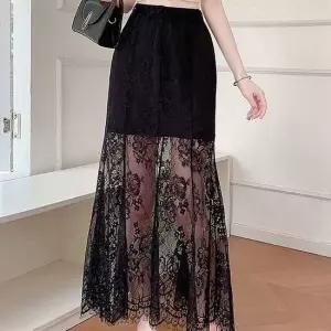 여성 레이스 시스루 롱스커트 캐주얼룩 치마