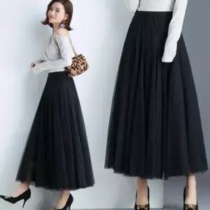 쁘띠 쉬폰 롱 치마 망사 프릴웨이브 밴딩 롱 스커트