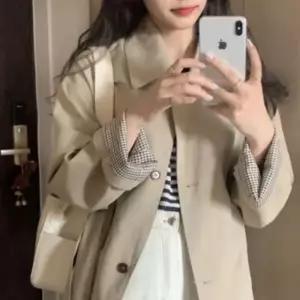 여성 체크 소매 포인트 가을 트렌치 롱 코트 2컬러