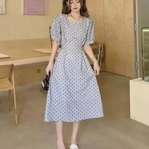 [오노마] ONM 스퀘어넥 퍼프 소매 도트 플레어 롱 원피스 (S9872413)