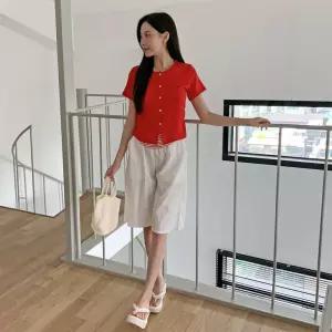 여성 스트라이프 레이어드 셔링 버튼 반팔 카디건