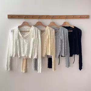 여성 여리핏 스카시 물결 크롭 가디건 세트