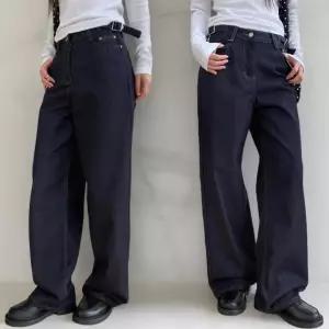 여성 캐주얼 비조 사이드버클 생지 와이드 청바지