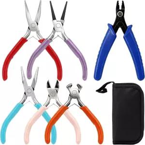 SHRJ 6Pcs 주얼리 제작 도구 키트 비딩 플라이어 세트에는 바늘 둥근 코 와이어 커터 끝 니퍼 보석 수리 랩