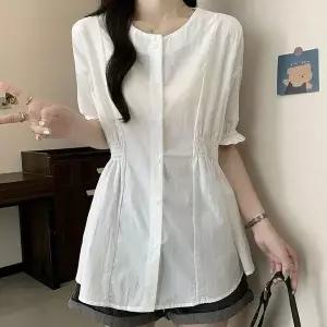 [하프클럽/]노카라 스모크밴딩 포인트 프릴 롱 블라우스