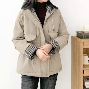 여자 빅사이즈 스트링 체크배색 후드집업 점퍼