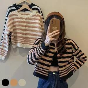 여성 줄무늬 크롭 기장 배색 스트라이프 가디건 (KYR-WDA43DA)