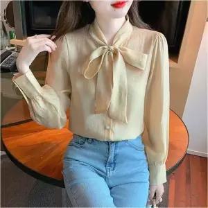 여성 쉬폰 긴팔 퍼프소매 2색 블라우스 단정한 리본 타이 (WFKBXC7)