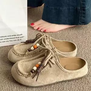 여성 보헤미안 스웨이드 볼 매듭 플랫 로퍼