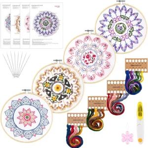 지침이 있는 Whaline 4 만다라 자수 스타터 키트 매화 국화 난초 연꽃 바늘 포인트 크로스 스티치 후프 실