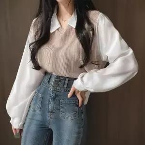 [하프클럽/]여성용 데일리 카라넥 레이어드 니트 조끼 블라우스