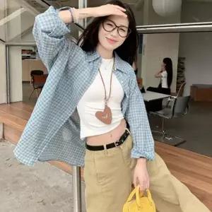 여자 캐주얼 스트릿 패션 내추럴 사각 체크 패턴 루즈핏 셔츠 스퀘어넥티