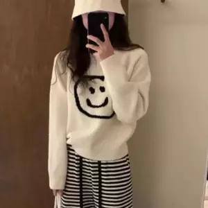 일상템 우먼 스마일 크루넥베이직 장팔 니트웨어 룩 탑 레트로 타탄 남방셔츠 체크무늬