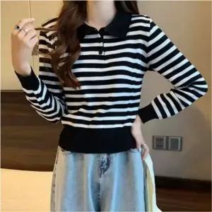 일상 투톤 셔츠칼라베스트 스트라이프 롱티 스웨터