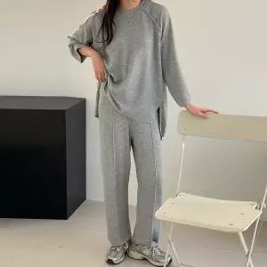 여성 언발 긴팔 롱 티셔츠 밴딩 바지 세트 츄리닝 트레이닝 투피스 셋업 -WPST0474- 봄 가을