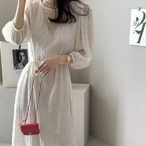 화이트 블랙 패턴 프릴 민소매 롱 원피스 (WFK82BU)