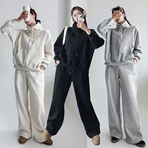 [유야]여성 기모 면 무지 터틀넥 맨투맨 와이드팬츠 세트 SPST0458 겨울