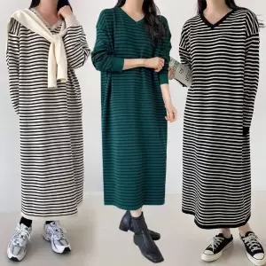 여성 봄 가을 브이넥 니트 롱 원피스 OP0581S 빅사이즈 루즈핏