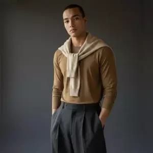 짐웨어 네이비 머슬핏긴팔 긴팔 남자 카멜 화이트블럭9 라운드 레이어드티