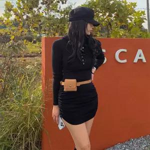 여자 버튼 후드 슬림핏 스판 긴팔 셔링 미니 원피스