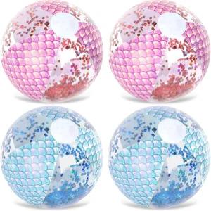 Whaline 4Pcs 16인치 인어 풍선 비치볼 글리터 풀 PVC 볼 게임 장난감 여름 하와이 열대 테마 비치 파티