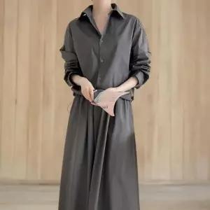 여자 스트링 포켓 긴팔셔츠 밴딩 플레어 롱스커트 세트