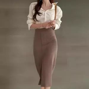 여자 가을하객룩 H라인 앞트임 쫀쫀스판 하이 롱스커트