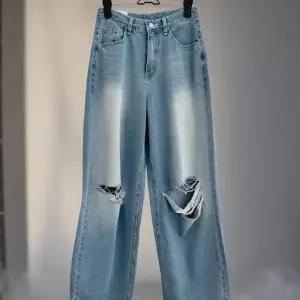 여성 빈티지 무릎 컷팅 워싱 와이드 찢어진 청바지 여름 롱 팬츠