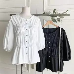 여성용 기본 핀턱 셔링 8부 코튼 블라우스