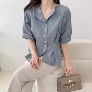 여성 여름 하객 패션 스트라이프 핀턱 A라인 반팔 티셔츠