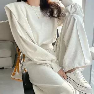 여성 88까지 면 무지 퍼프 맨투맨 핀턱 와이드팬츠 세트 트레이닝 츄리닝 셋업 -WPST0135- 봄 가을