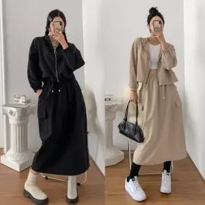 여성 바스락 나일론 세미크롭 바람막이 집업 자켓 카고 롱스커트 세트 투피스 셋업 -WSST0073- 봄 가을