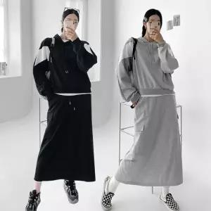 여성 99까지 면 배색 나그랑 후드티 카고 롱 스커트 트레이닝 세트 츄리닝 셋업 -WSST0098- 봄 가을