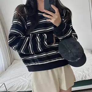 [신상오픈런]|KMTA052|여성용 스트라이프 퍼프 소매 배색 나그랑 박시 맨투맨