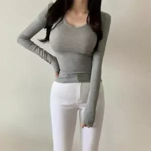 [하프클럽/옷자락]여자 쫀쫀스판 글램룩 브이넥 골지 무지 긴팔 티셔츠