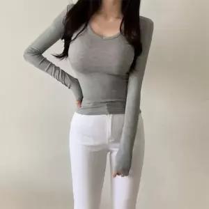 여자 쫀쫀스판 글램룩 브이넥 골지 무지 긴팔 티셔츠