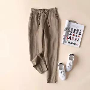 여성 린넨 여름 바지 배기 핏 쿨 밴딩 팬츠 브라운 여성아이스바지 리넨바지 린넨9부바지