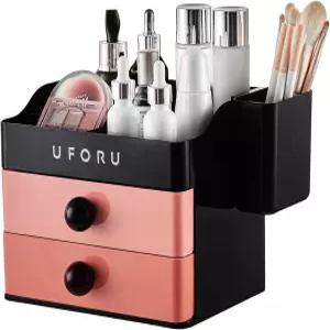 브러시 홀더가 있는 배니티용 UFORU 메이크업 오거나이저 서랍 2개가 카운터탑 스킨케어 향수용 넓은
