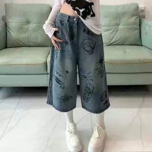 여자 데일리 캐주얼 그래픽 와이드 칠부 청바지