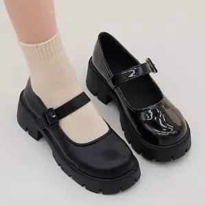 둥근코 버클 메리제인 무광 키높이 통굽 에나멜 로퍼 5cm
