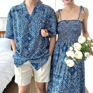 커플 비치웨어 블루패턴 여름 수영복 해변 의류 바다 패턴 커플룩 핫팬츠 탑 비치 드레스
