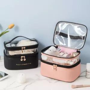 가죽 2단 손잡이 투명창 화장품가방정리함 미용출장 수납함 여행파우치 화장품백 메이크업박스 용치 브러쉬