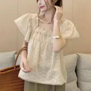 블라우스 휴가 셔링 레이스 물놀이 반팔 펀칭