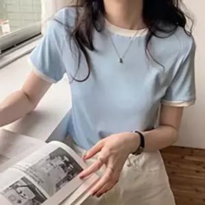 데일리 스트라이프짜임시그니처 라운드칼라 숏티 티